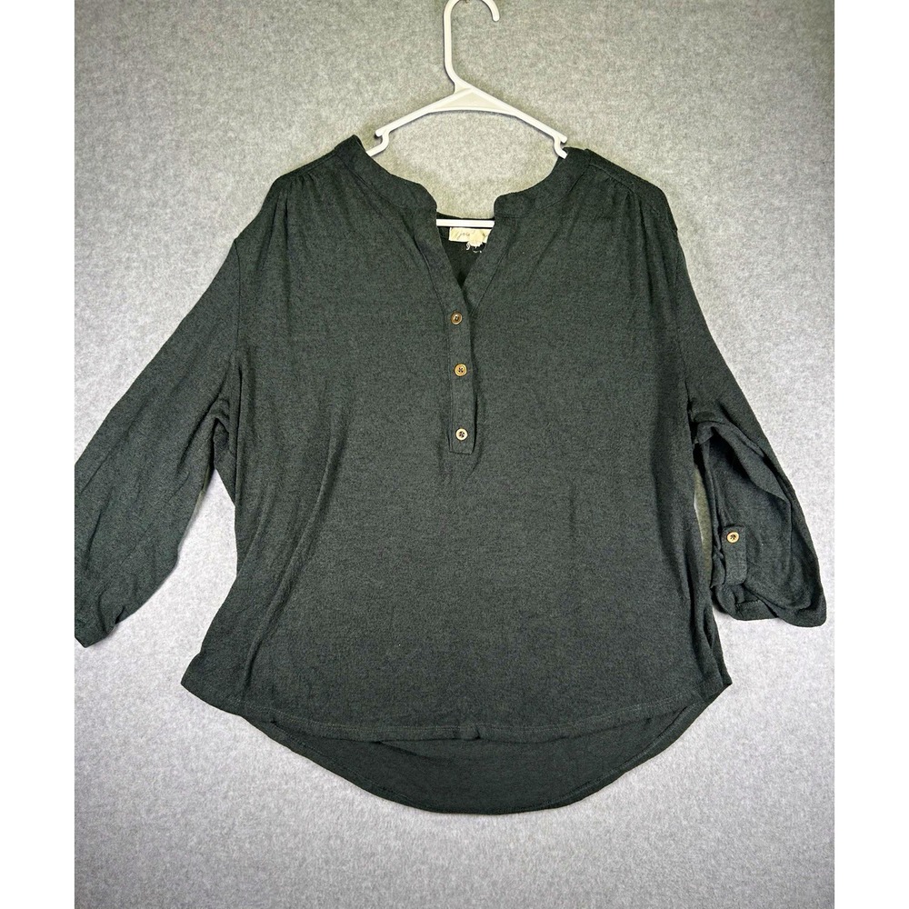 Joie de Vivre Blouse Womens 2XL Gray Knit V-Neck Henley Button Roll Tab Stretch